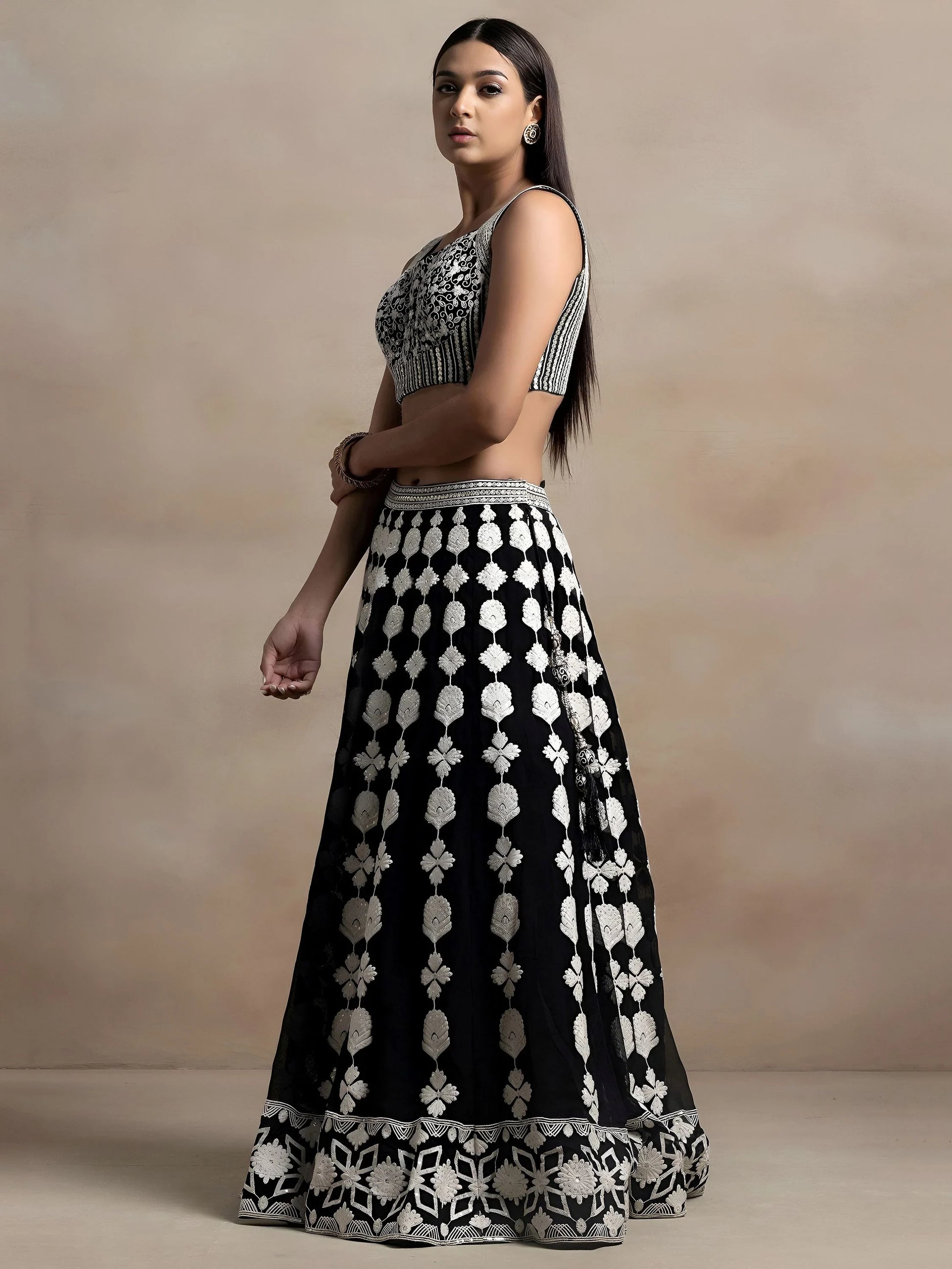 Astonishing Black Thread Work Georgette Lehenga Choli With Dupatta
