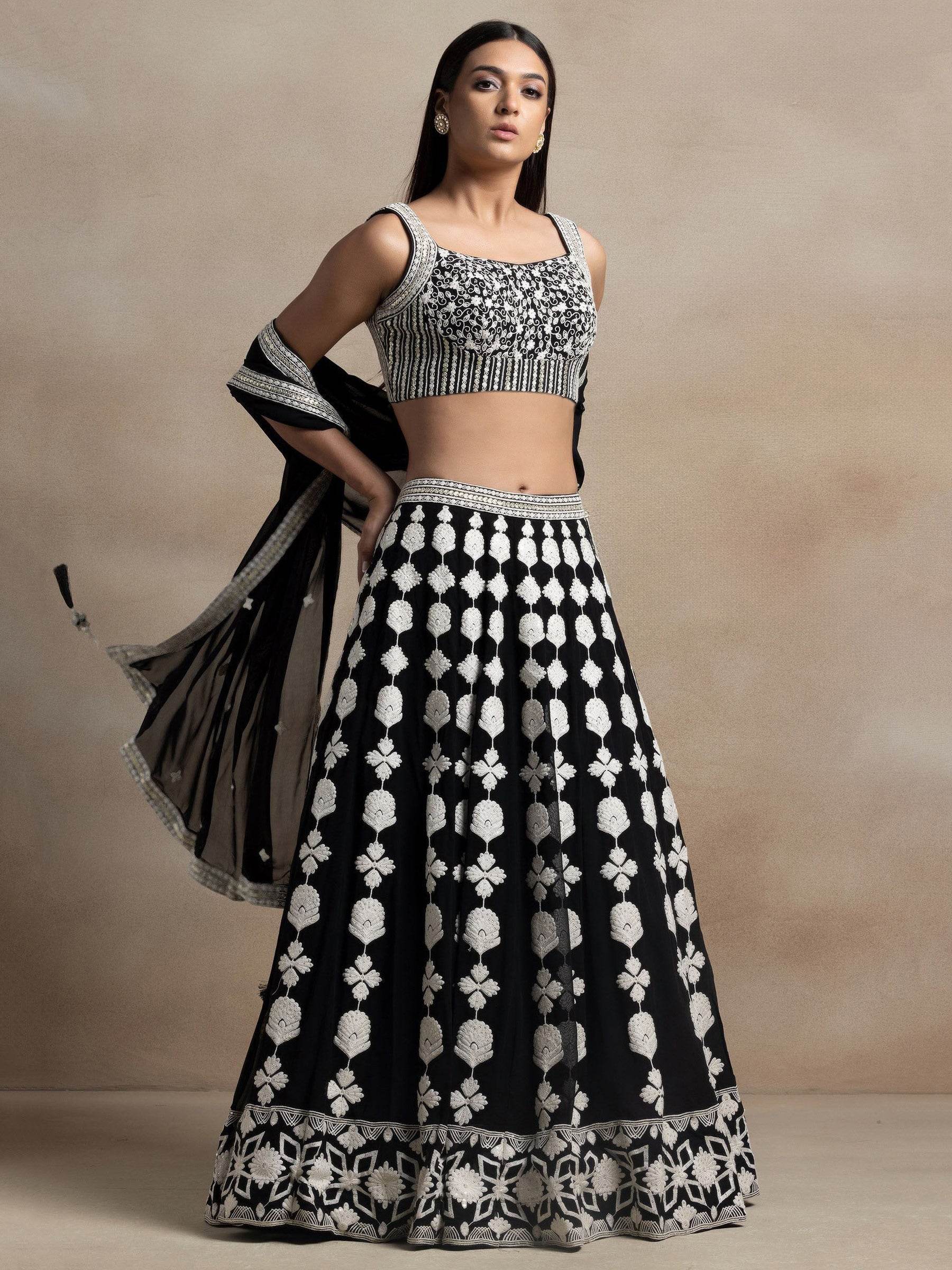 Astonishing Black Thread Work Georgette Lehenga Choli With Dupatta - Zeel Clothing
