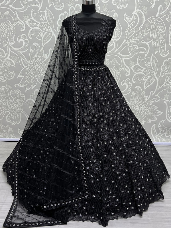Astonishing Black Thread Work Net Reception Wear Lehenga Choli - Zeel Clothing