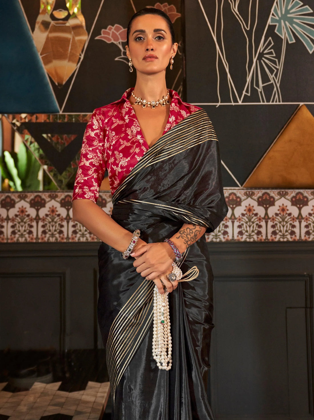 Astonishing Black Weaving Silk Traditional Saree With Blouse