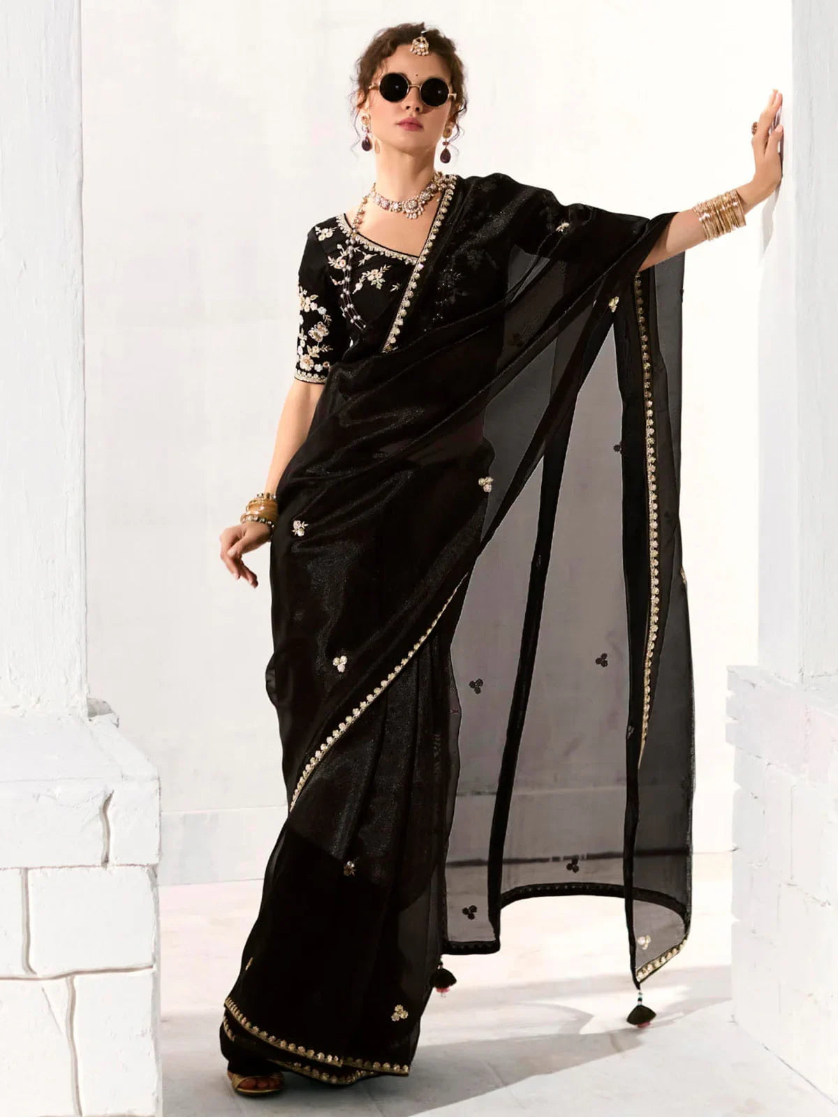 Astonishing Black Zari Work Tissue Silk Reception Wear Saree - Zeel Clothing
