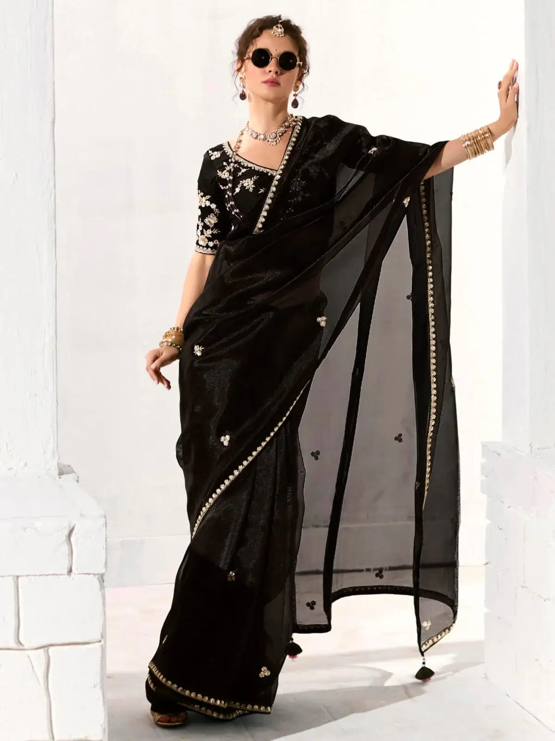 Astonishing Black Zari Work Tissue Silk Reception Wear Saree - Zeel Clothing