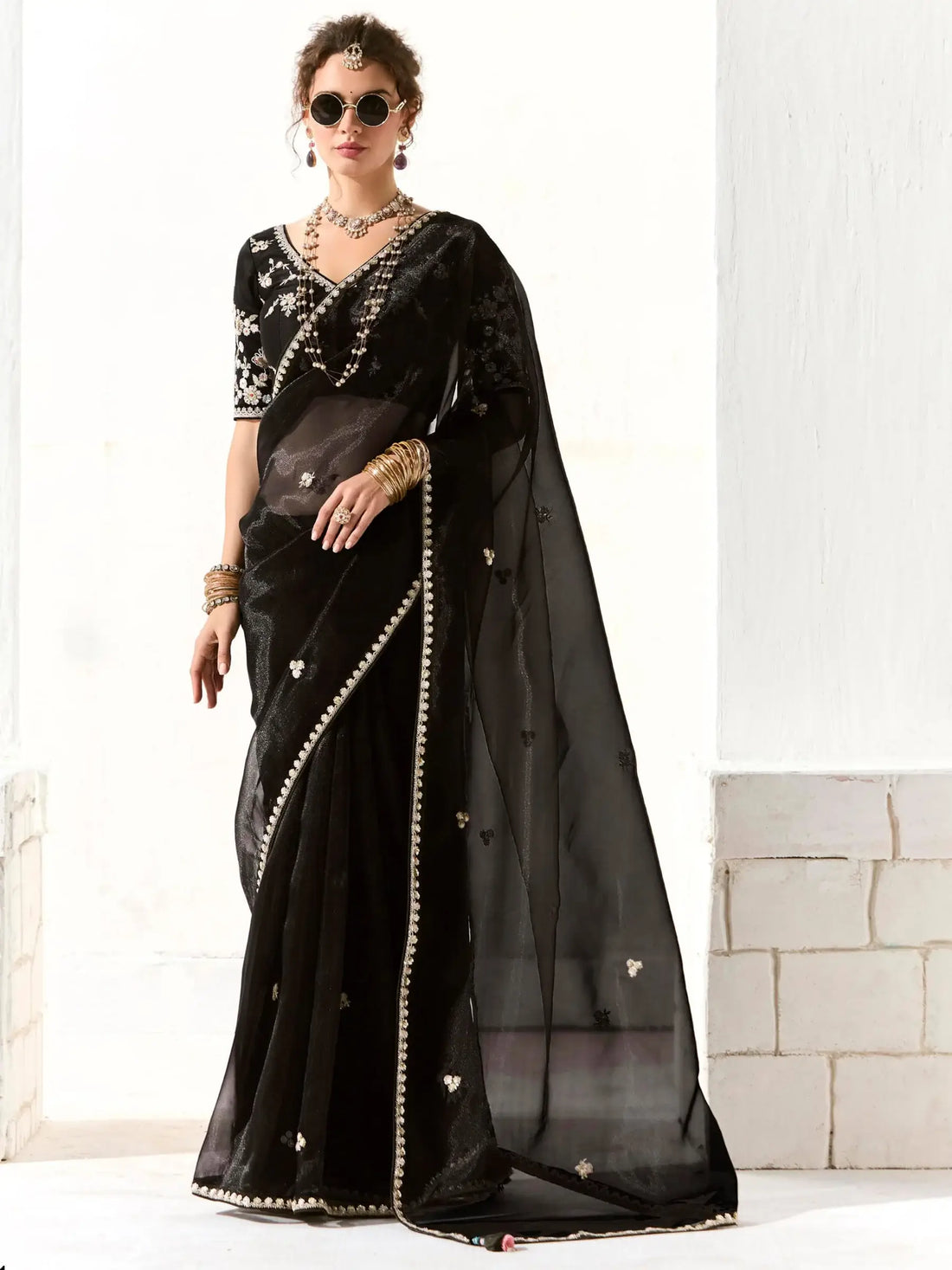 Astonishing Black Zari Work Tissue Silk Reception Wear Saree - Zeel Clothing