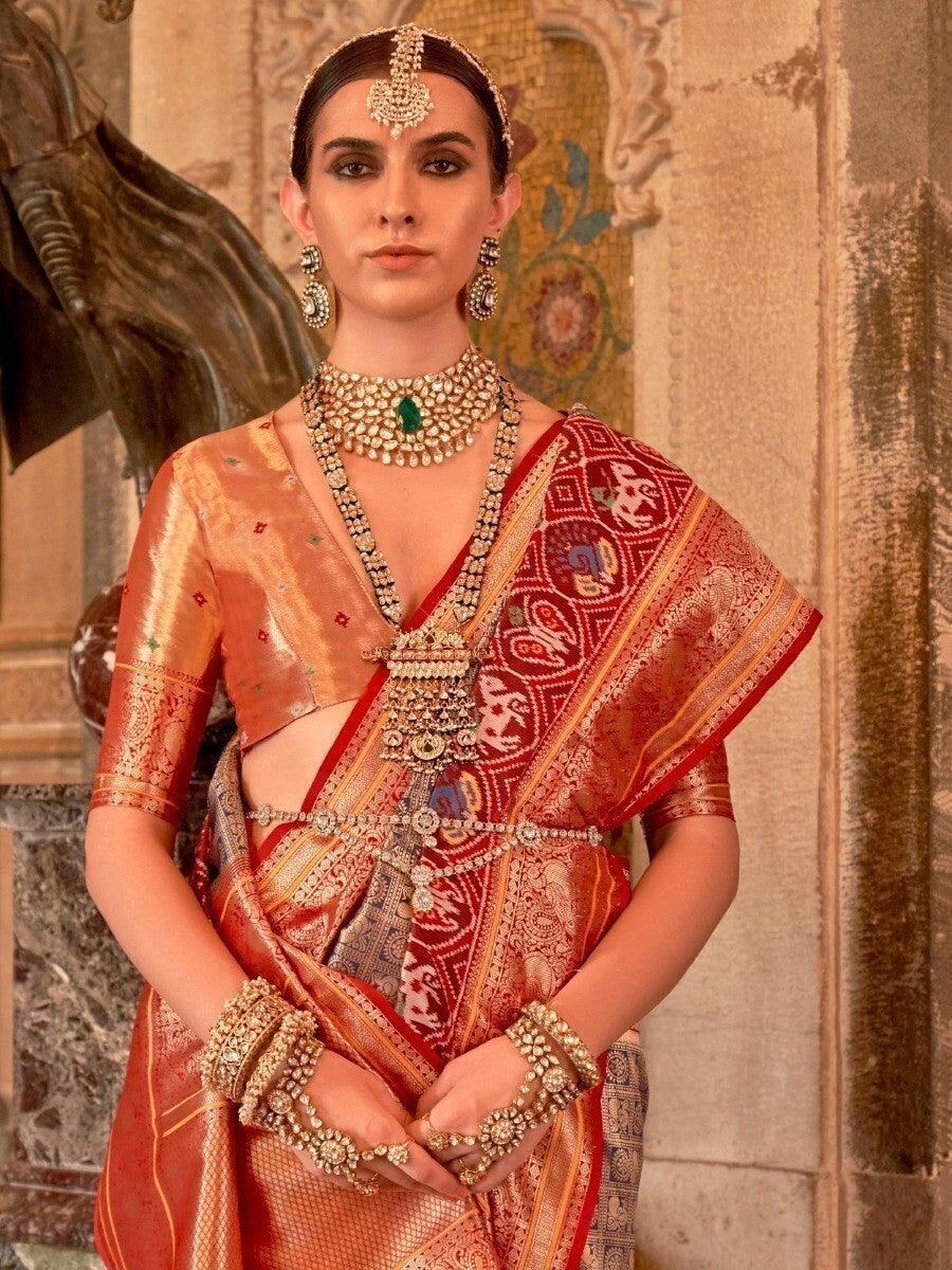 Astonishing Blue & Red Zari Weaving Silk Wedding Wear Saree