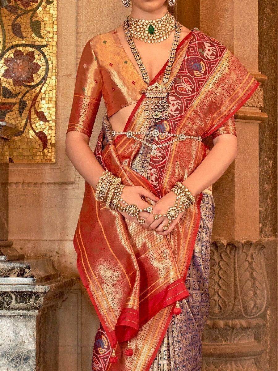 Astonishing Blue & Red Zari Weaving Silk Wedding Wear Saree - Zeel Clothing