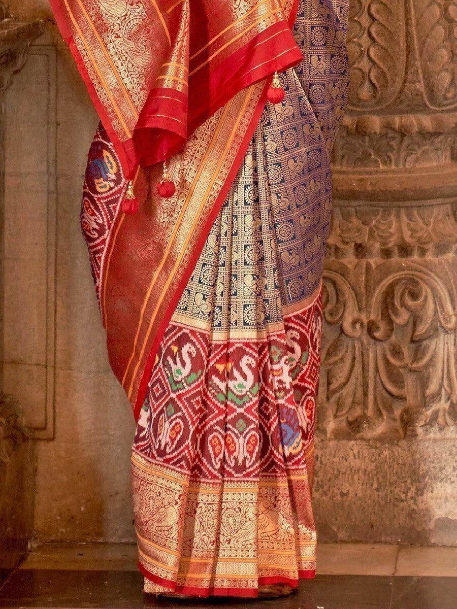 Astonishing Blue & Red Zari Weaving Silk Wedding Wear Saree - Zeel Clothing