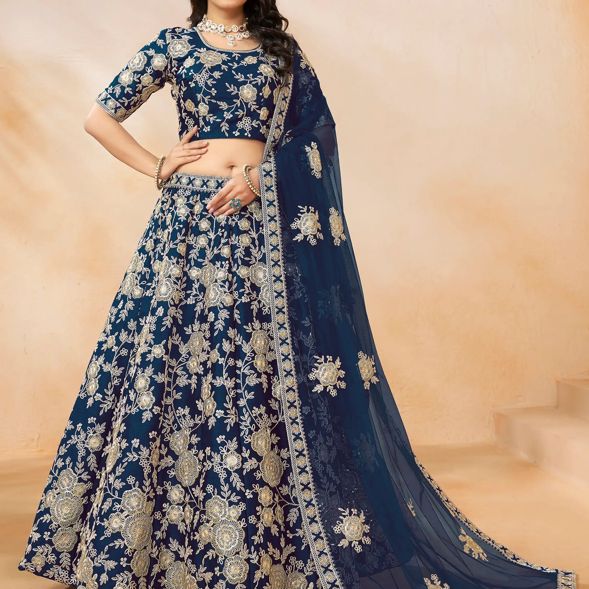 Astonishing Blue Embroidered Silk Engagement Wear Lehenga Choli - Zeel Clothing