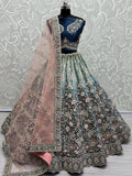 Astonishing Blue Embroidered Velvet Reception Wear Lehenga Choli - Zeel Clothing