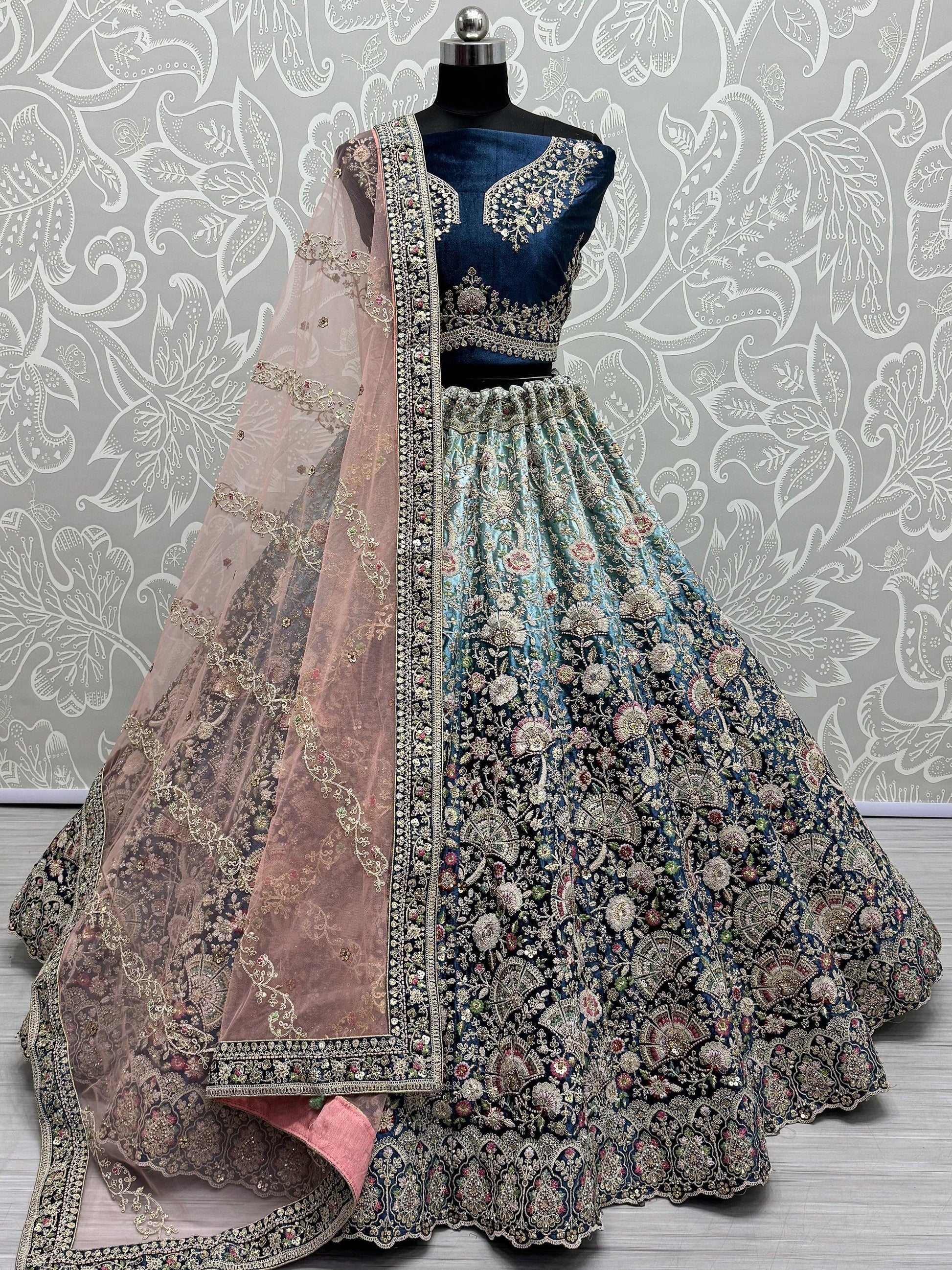 Astonishing Blue Embroidered Velvet Reception Wear Lehenga Choli - Zeel Clothing