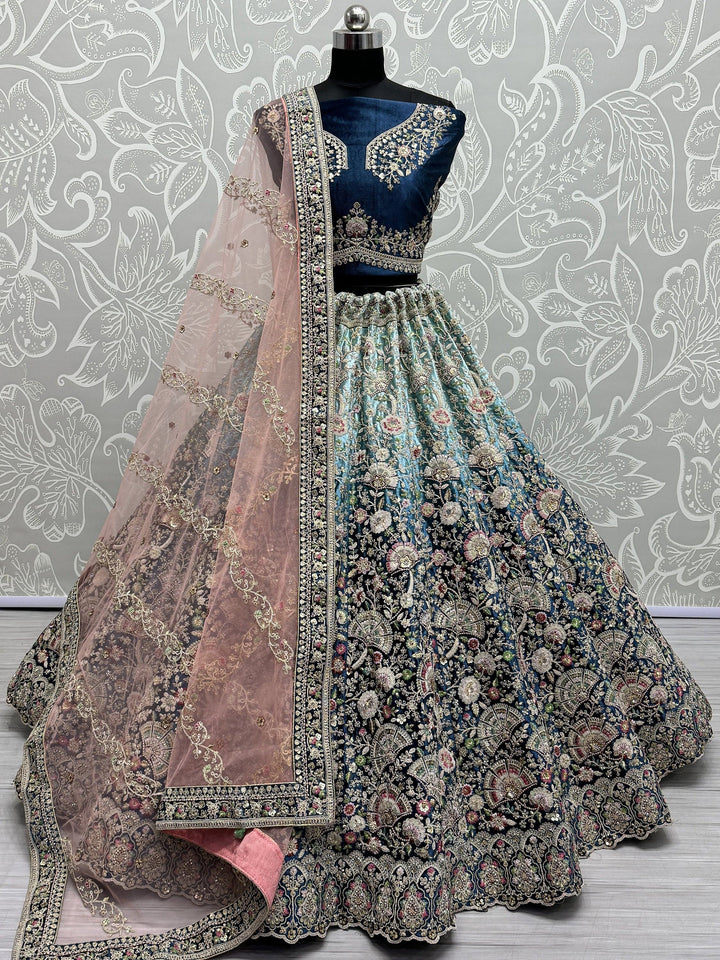 Astonishing Blue Embroidered Velvet Reception Wear Lehenga Choli - Zeel Clothing