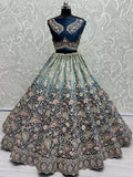 Astonishing Blue Embroidered Velvet Reception Wear Lehenga Choli - Zeel Clothing