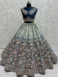 Astonishing Blue Embroidered Velvet Reception Wear Lehenga Choli - Zeel Clothing