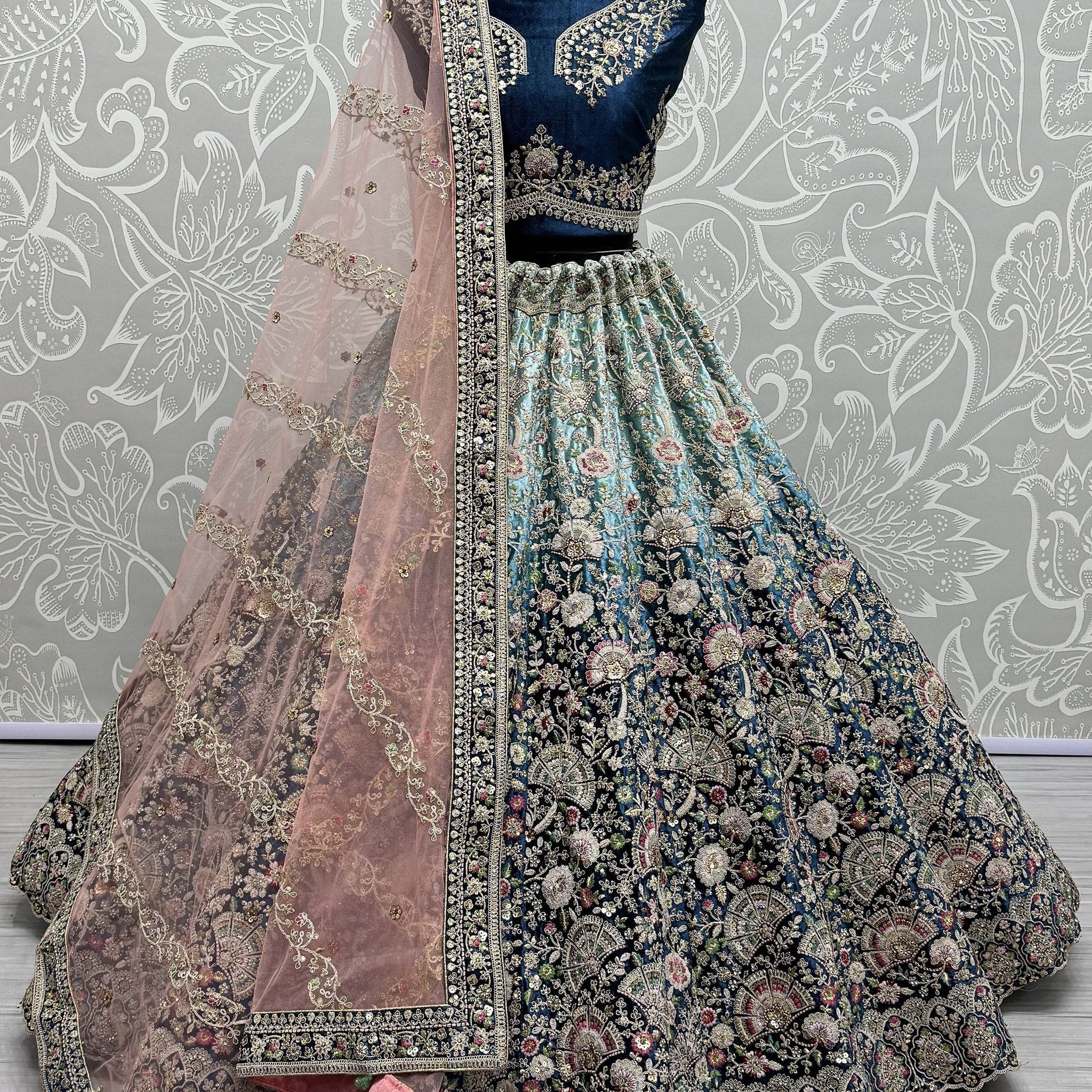 Astonishing Blue Embroidered Velvet Reception Wear Lehenga Choli - Zeel Clothing