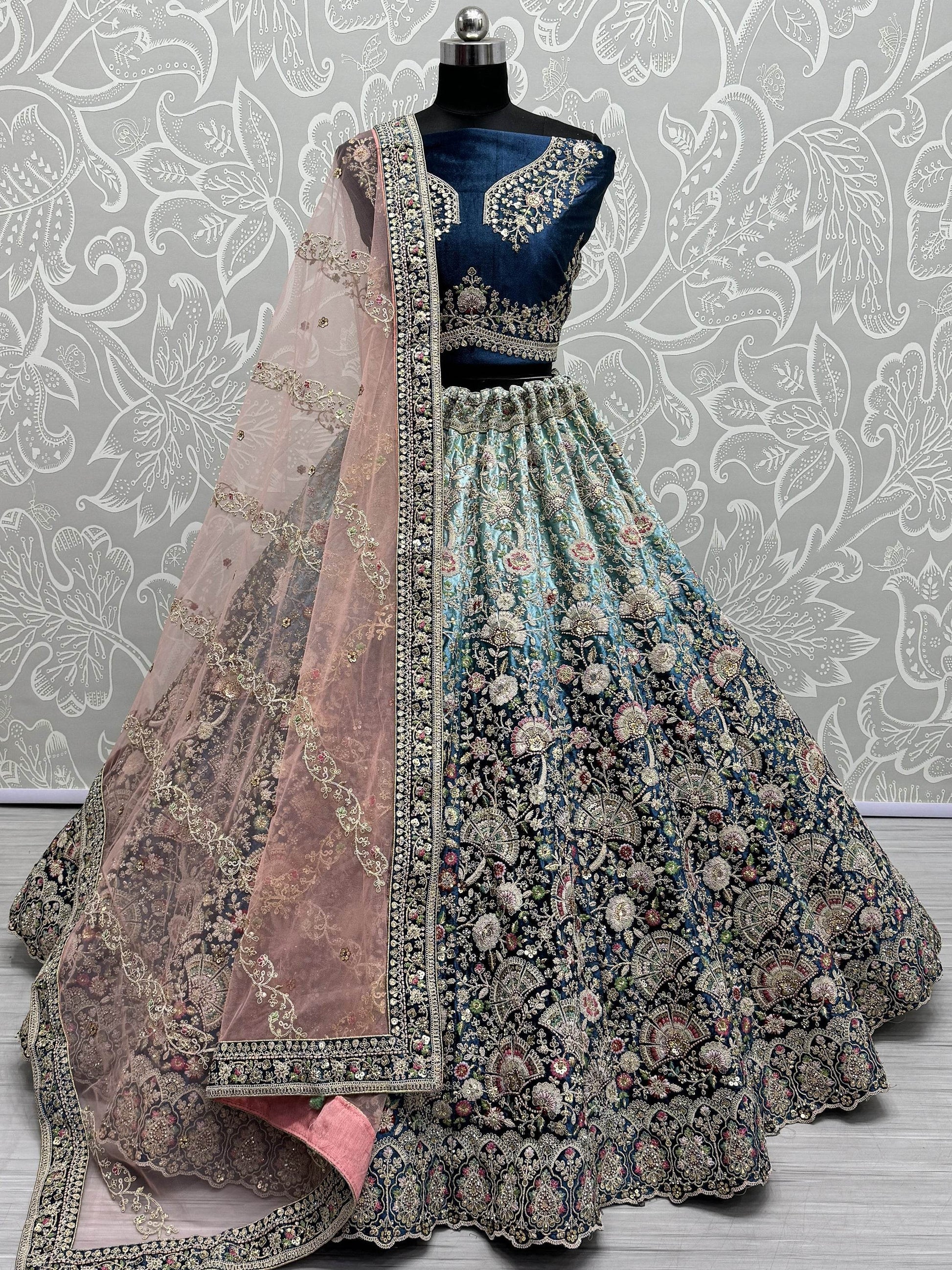 Astonishing Blue Embroidered Velvet Reception Wear Lehenga Choli - Zeel Clothing