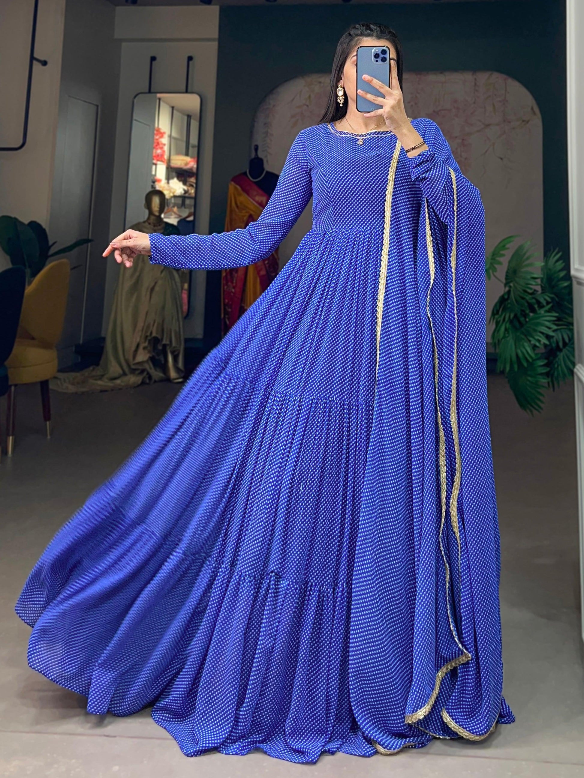 Astonishing Blue Printed Georgette Event Wear Gown With Dupatta