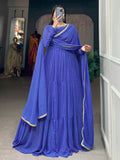 Astonishing Blue Printed Georgette Event Wear Gown With Dupatta