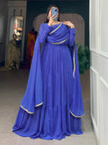 Astonishing Blue Printed Georgette Event Wear Gown With Dupatta