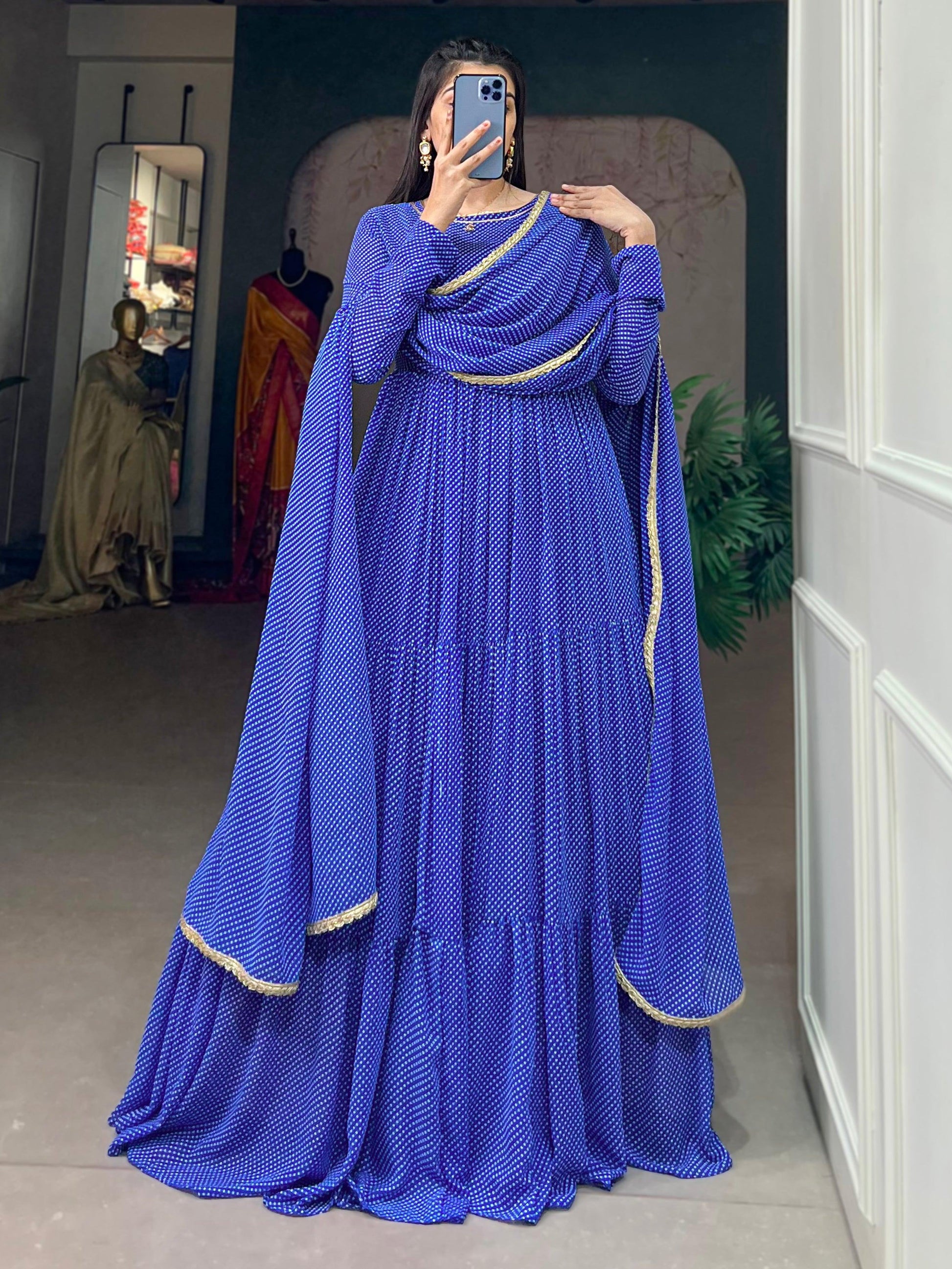 Astonishing Blue Printed Georgette Event Wear Gown With Dupatta