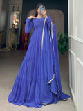 Astonishing Blue Printed Georgette Event Wear Gown With Dupatta