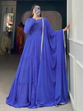 Astonishing Blue Printed Georgette Event Wear Gown With Dupatta