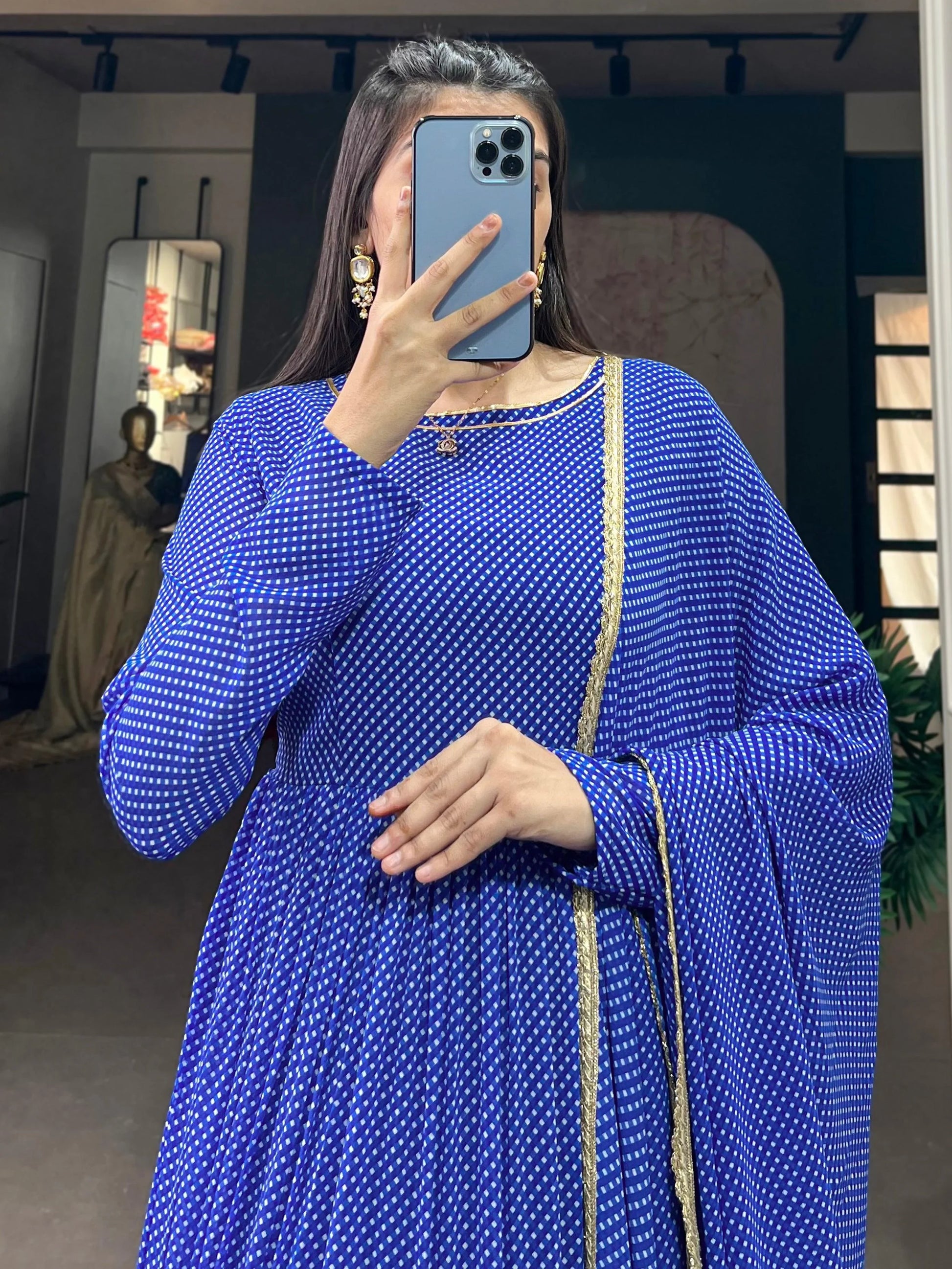 Astonishing Blue Printed Georgette Event Wear Gown With Dupatta