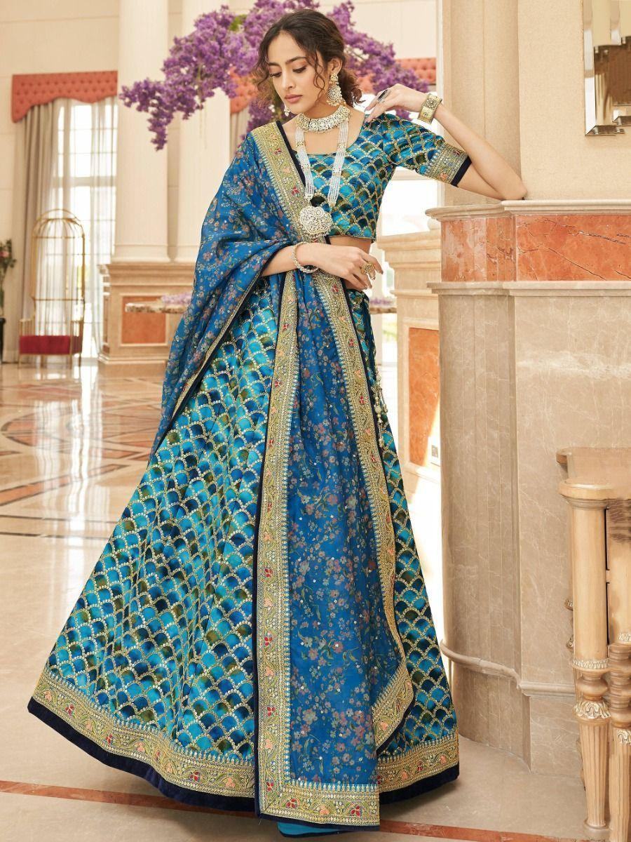 Astonishing Blue Sequins Work Art Silk Sangeet Wear Lehenga Choli - Zeel Clothing