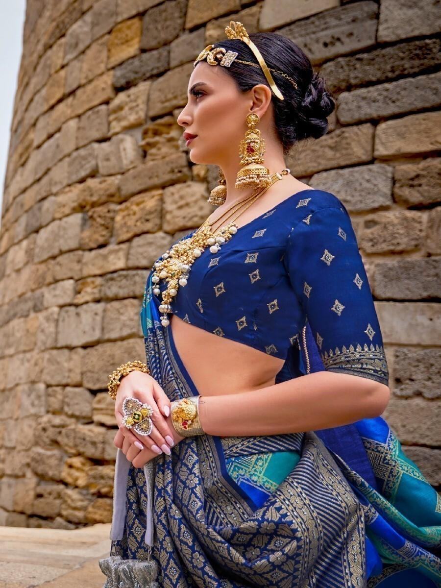 Astonishing Blue Silk Weaving Work Sangeet Wear Saree & Blouse