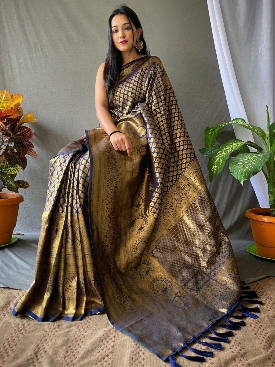 Astonishing Blue Woven Kanjivaram Silk Event Wear Saree With Blouse