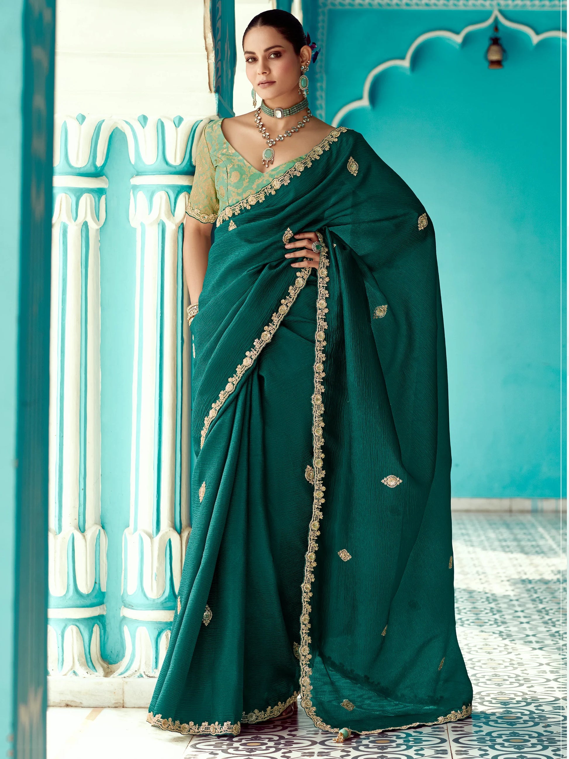Astonishing Bottle Green Sequins Embroidered Tissue Silk Mehendi Wear Saree - Zeel Clothing