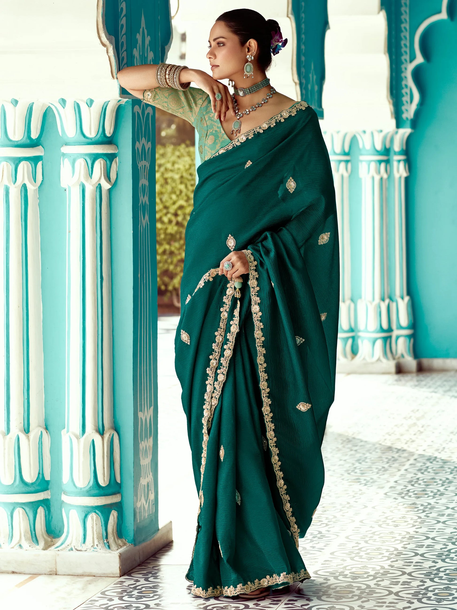 Astonishing Bottle Green Sequins Embroidered Tissue Silk Mehendi Wear Saree - Zeel Clothing