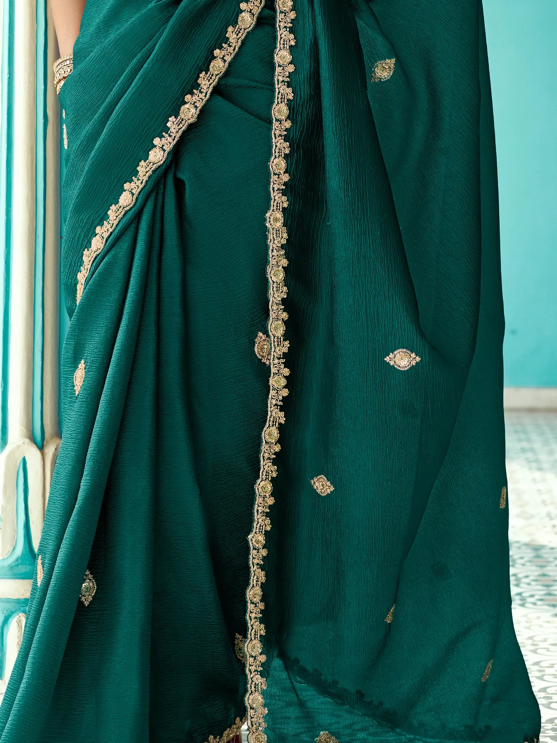Astonishing Bottle Green Sequins Embroidered Tissue Silk Mehendi Wear Saree - Zeel Clothing