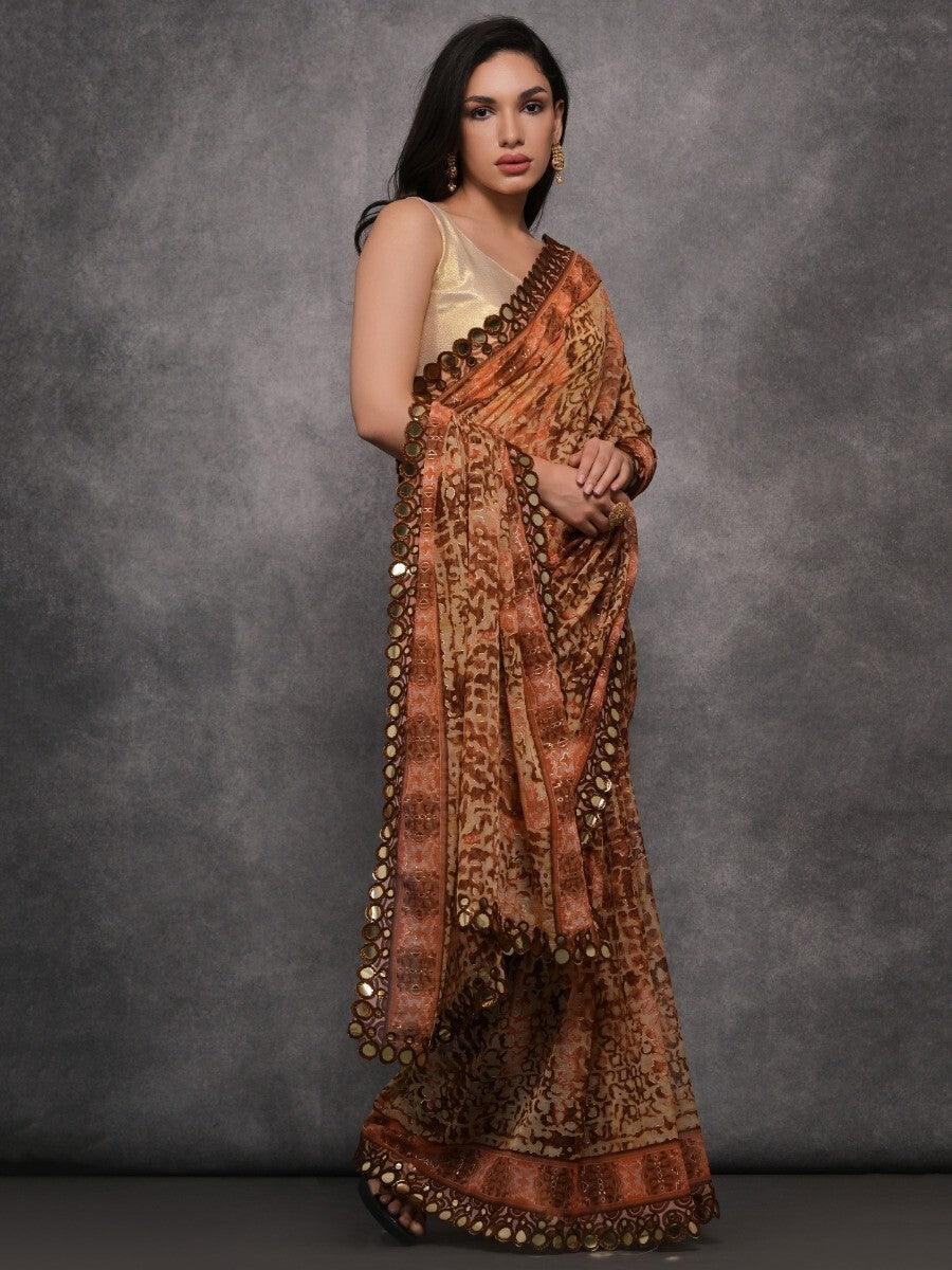Astonishing Brown Digital Printed Georgette Saree With Blouse