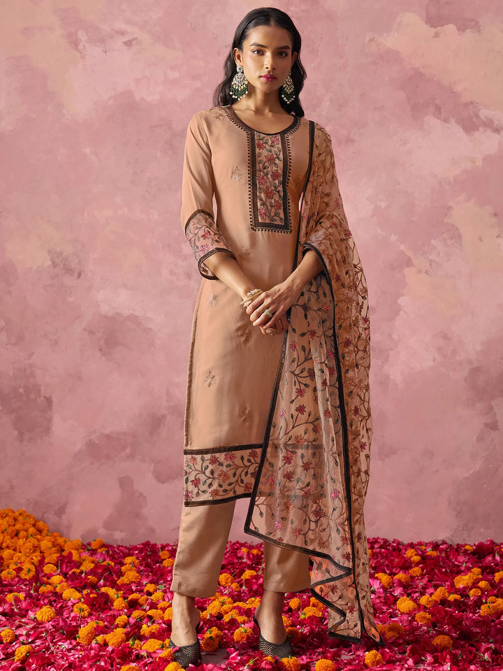 Astonishing brown Thread Work Georgette Festival Wear Pant Suit - Zeel Clothing