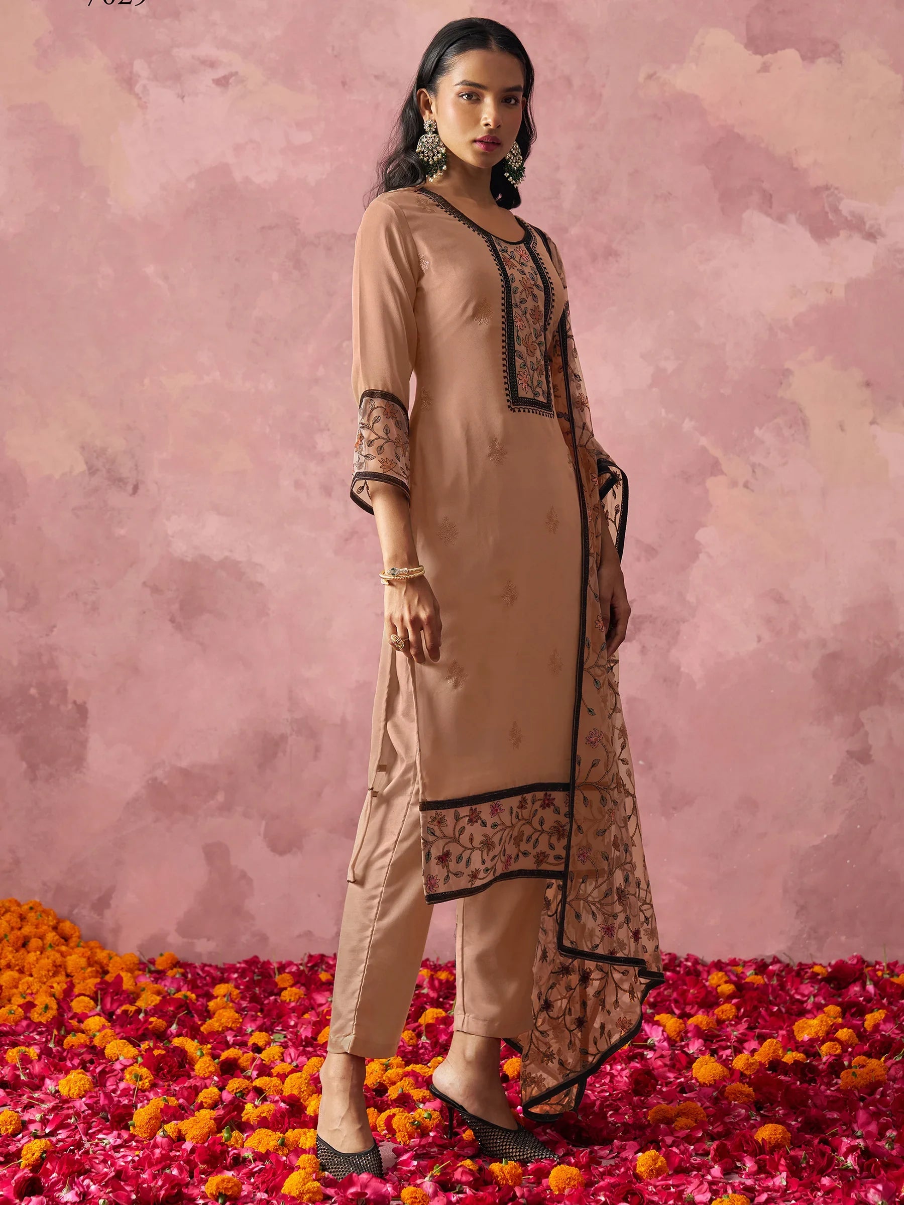 Astonishing brown Thread Work Georgette Festival Wear Pant Suit - Zeel Clothing