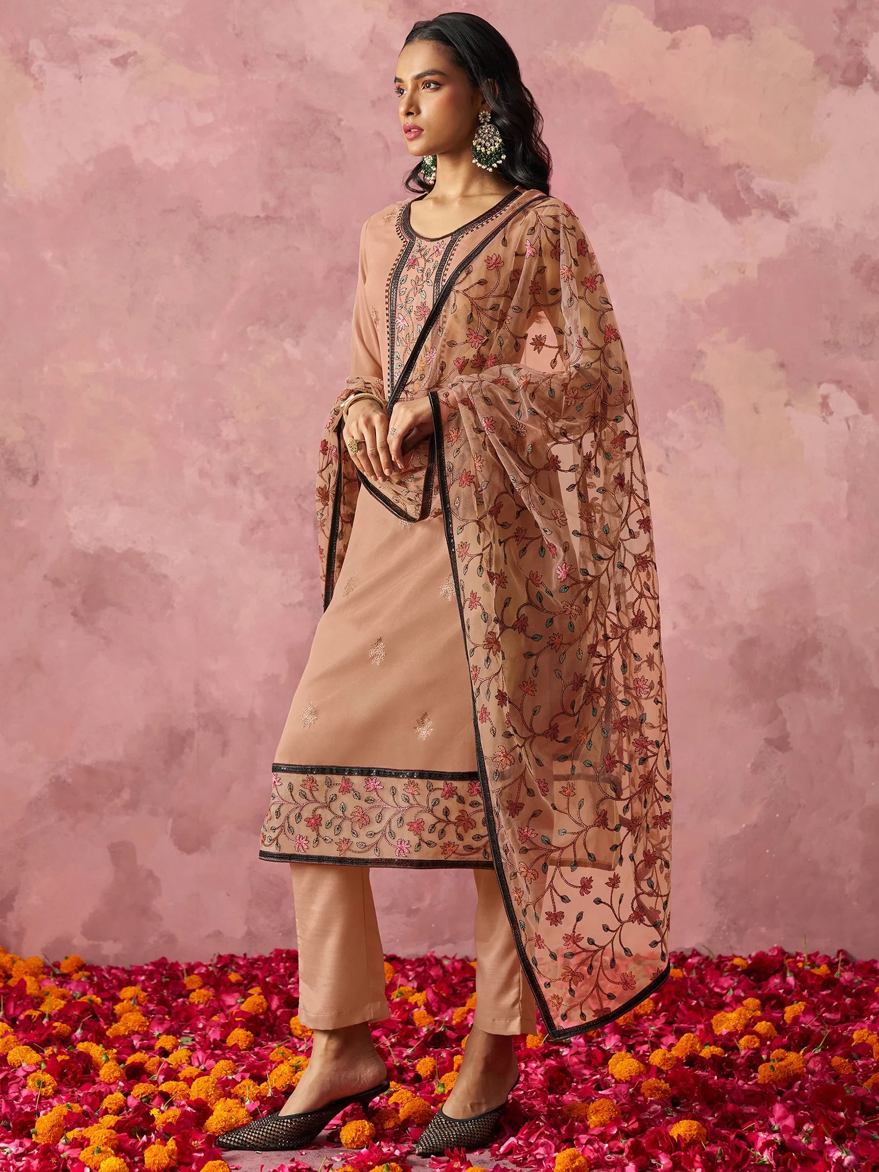 Astonishing brown Thread Work Georgette Festival Wear Pant Suit - Zeel Clothing