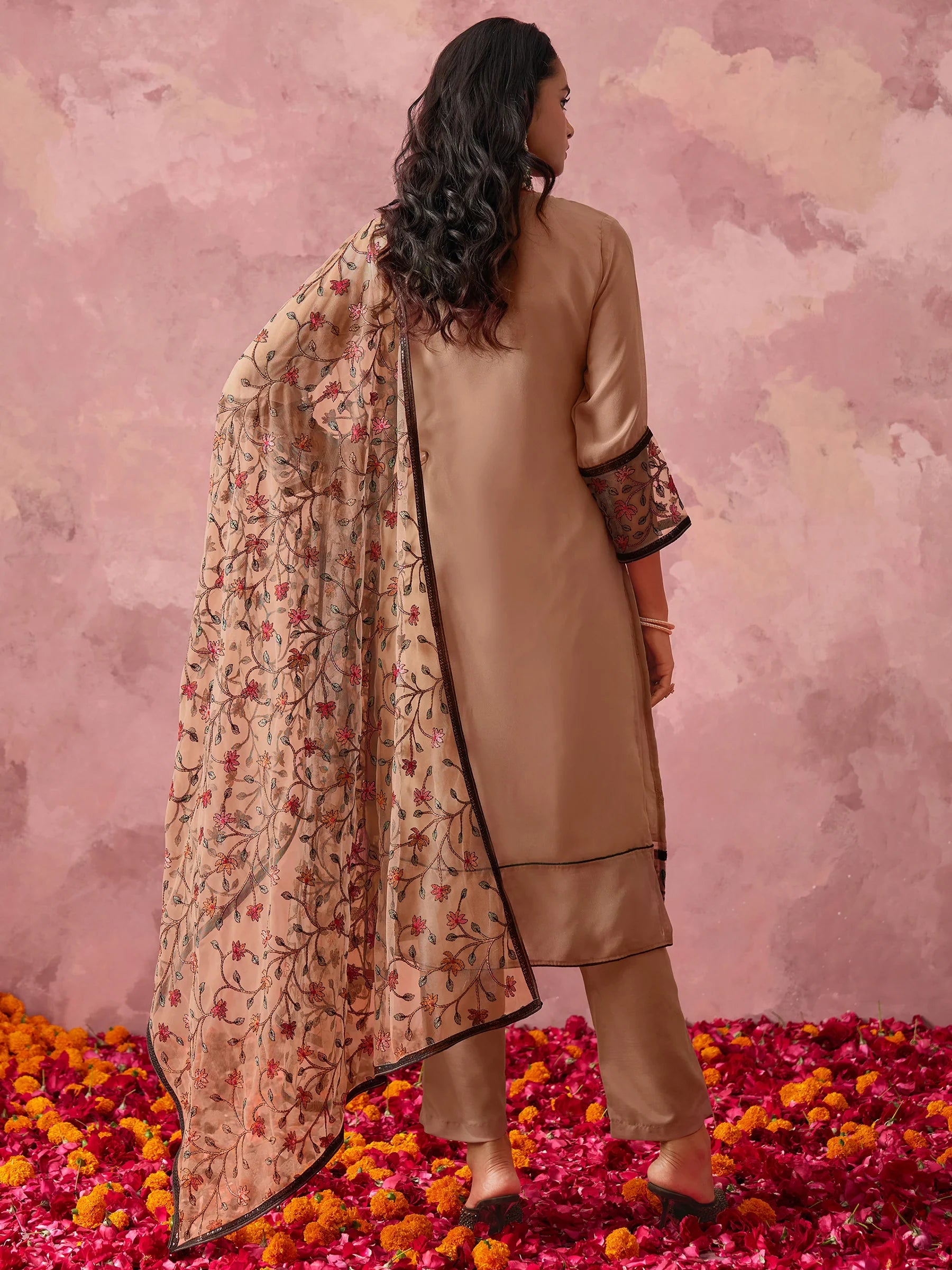 Astonishing brown Thread Work Georgette Festival Wear Pant Suit - Zeel Clothing
