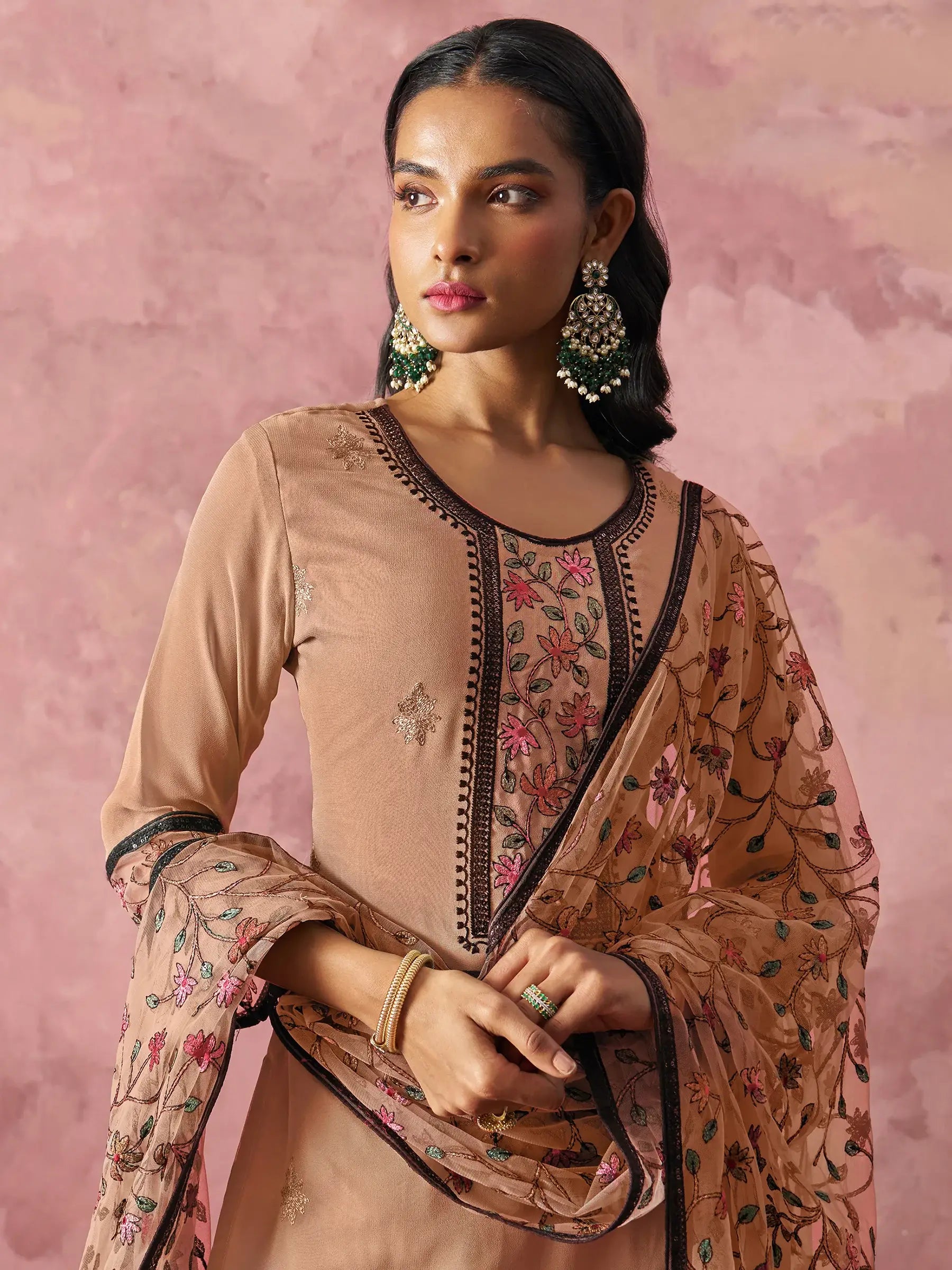 Astonishing brown Thread Work Georgette Festival Wear Pant Suit - Zeel Clothing