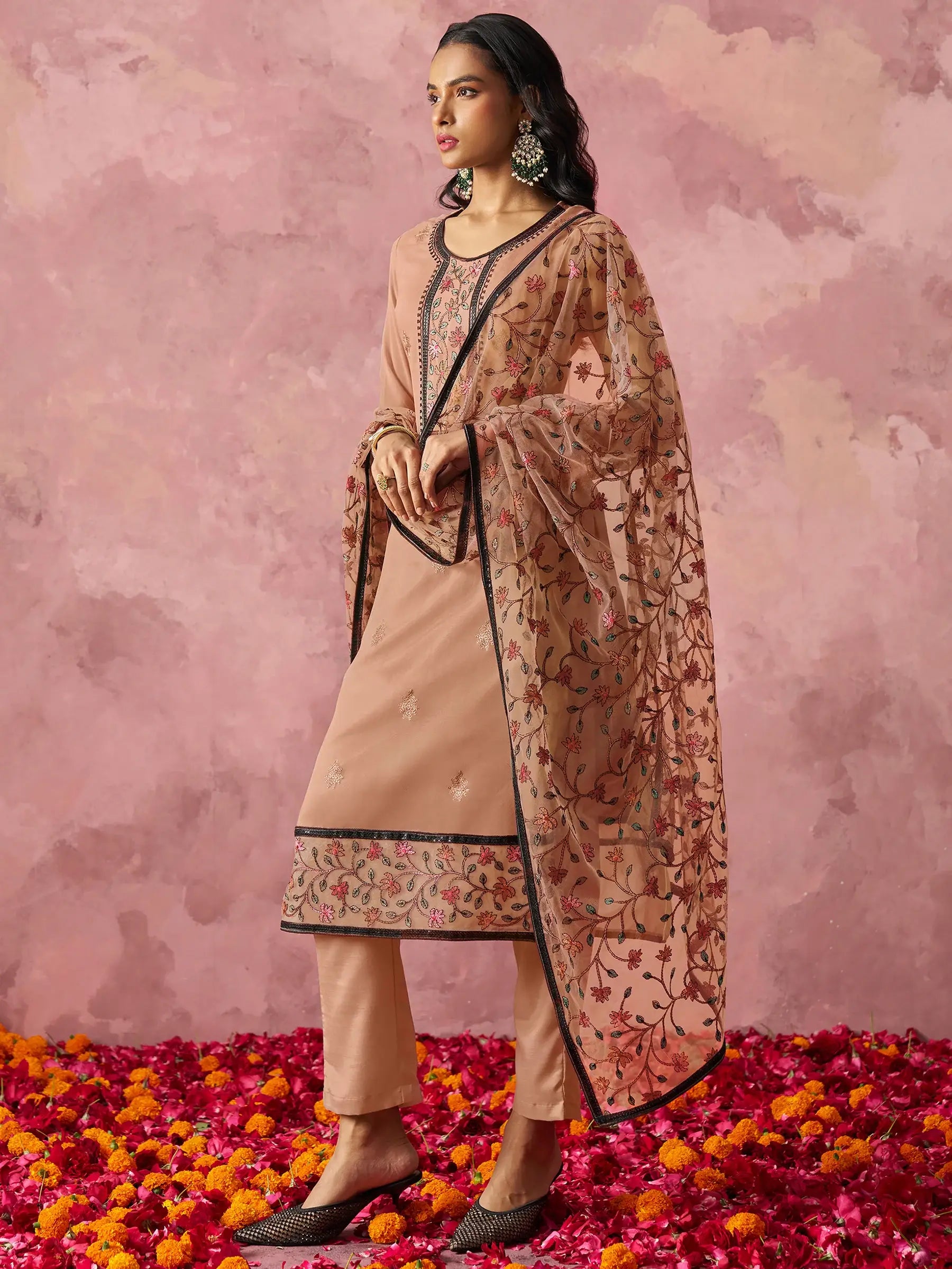 Astonishing brown Thread Work Georgette Festival Wear Pant Suit - Zeel Clothing