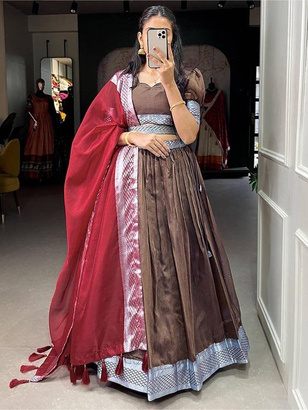 Astonishing Brown Woven Dupion Silk Festival Wear Lehenga Choli