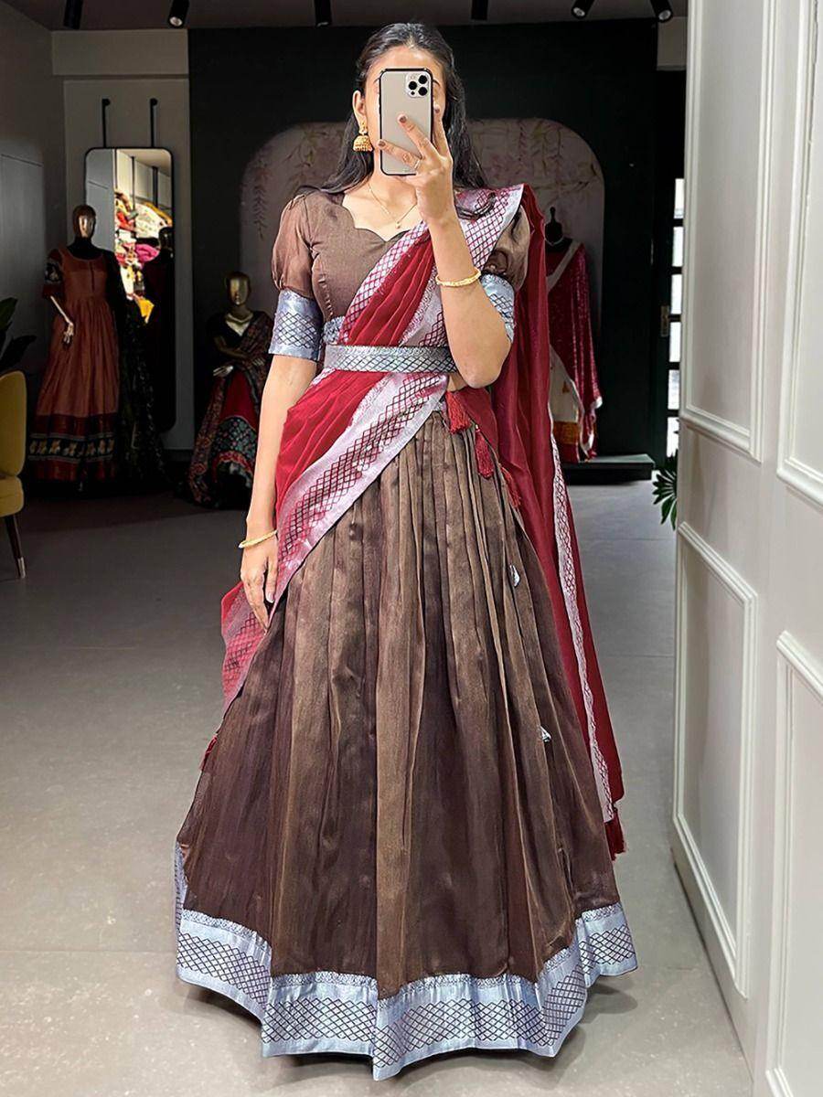 Astonishing Brown Woven Dupion Silk Festival Wear Lehenga Choli - Zeel Clothing