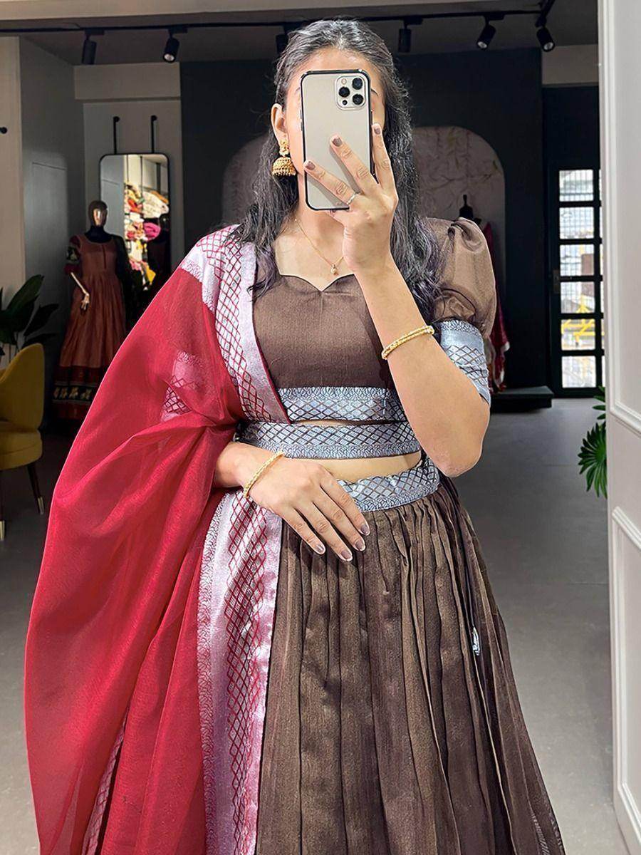 Astonishing Brown Woven Dupion Silk Festival Wear Lehenga Choli - Zeel Clothing