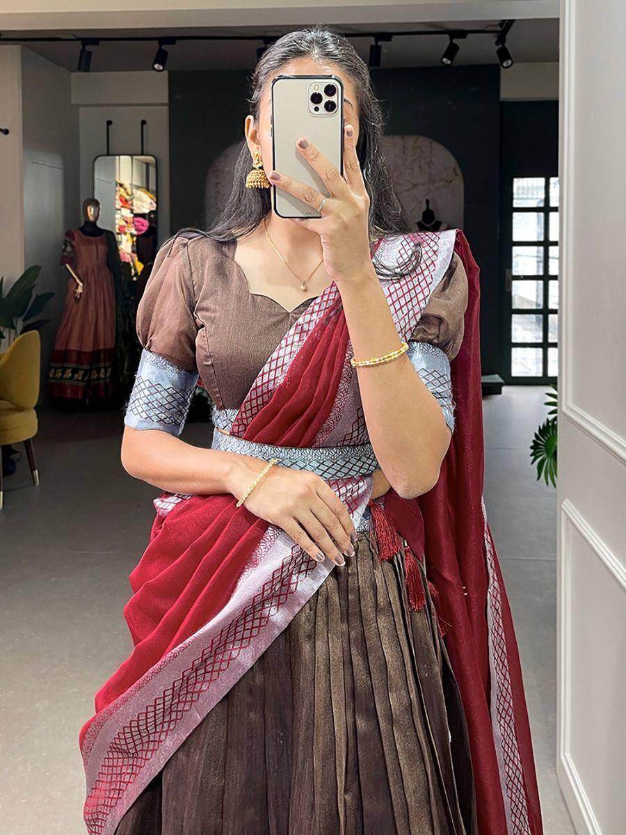 Astonishing Brown Woven Dupion Silk Festival Wear Lehenga Choli - Zeel Clothing
