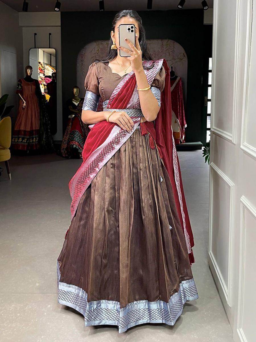 Astonishing Brown Woven Dupion Silk Festival Wear Lehenga Choli - Zeel Clothing