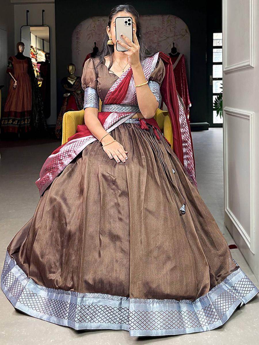 Astonishing Brown Woven Dupion Silk Festival Wear Lehenga Choli - Zeel Clothing