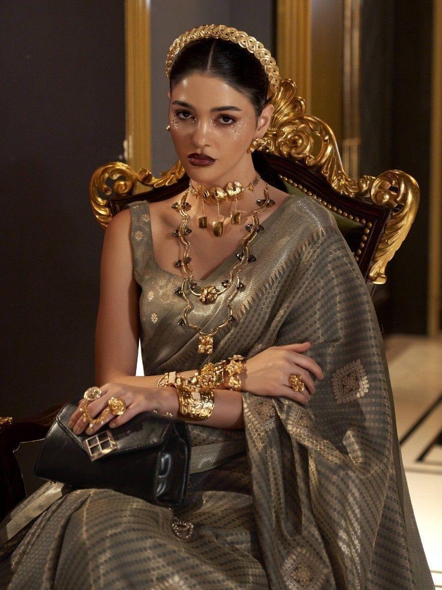 Astonishing Brown Zari Weaving Silk Traditional Saree With Blouse
