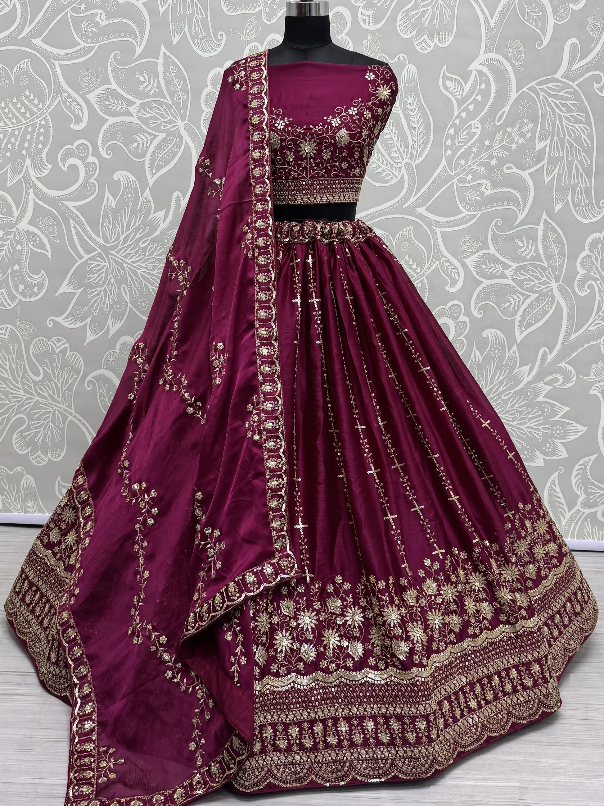 Astonishing Burgundy Thread Work Satin Bridal Lehenga Choli - Zeel Clothing