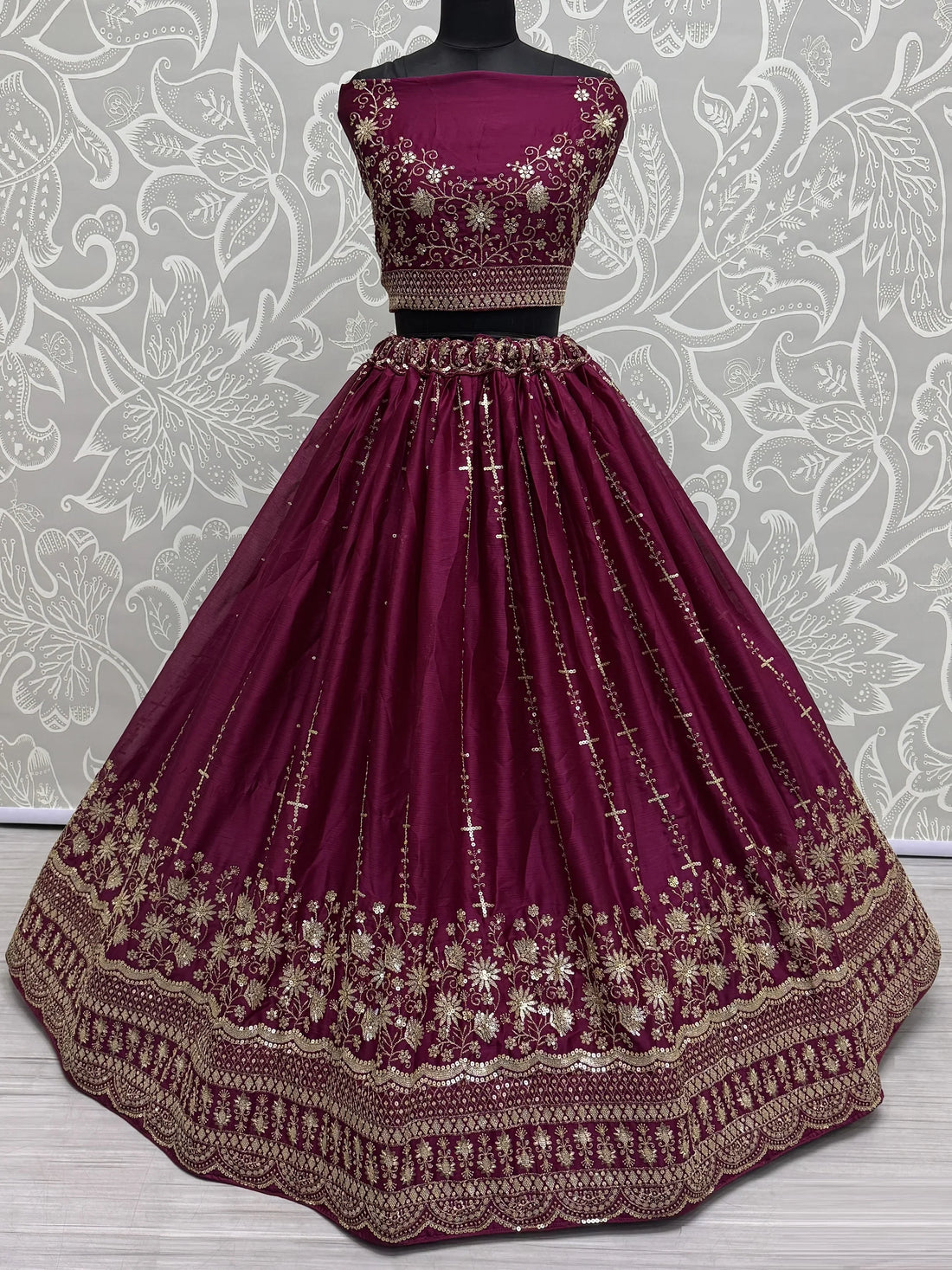 Astonishing Burgundy Thread Work Satin Bridal Lehenga Choli - Zeel Clothing