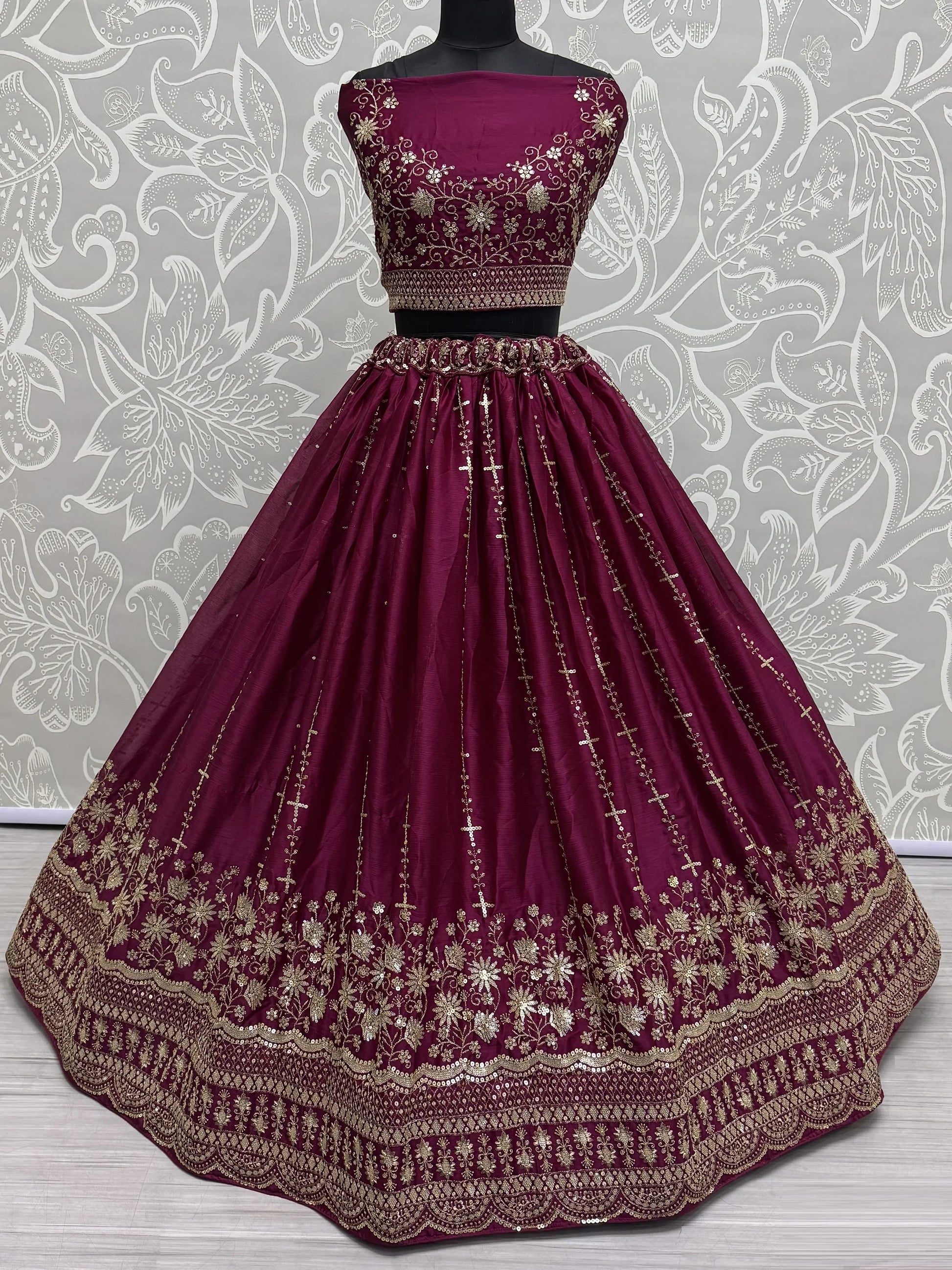 Astonishing Burgundy Thread Work Satin Bridal Lehenga Choli - Zeel Clothing