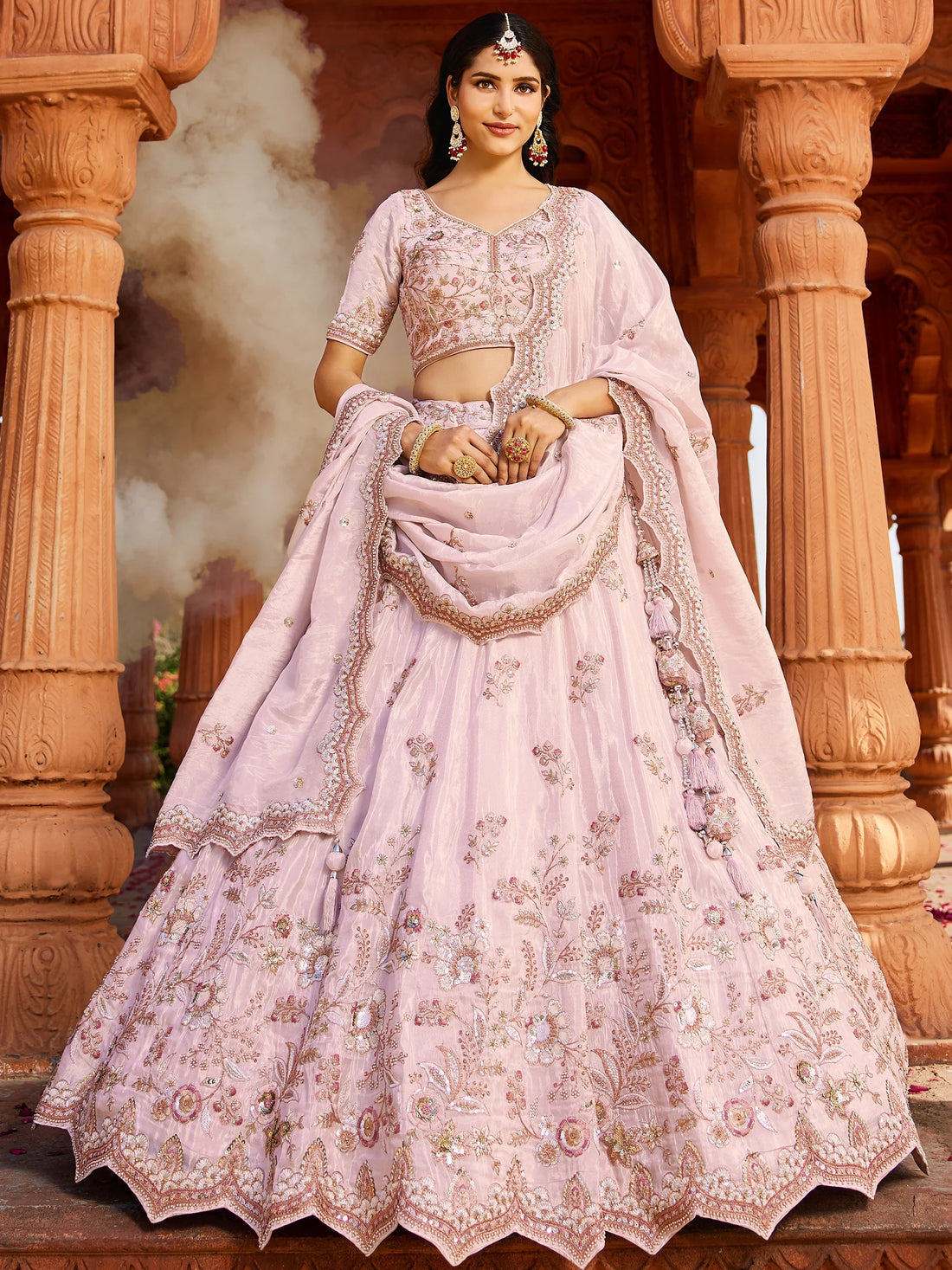 Astonishing Coral Pink Thread Embroidered Tissue Silk Engagement Wear Lehenga Choli - Zeel Clothing