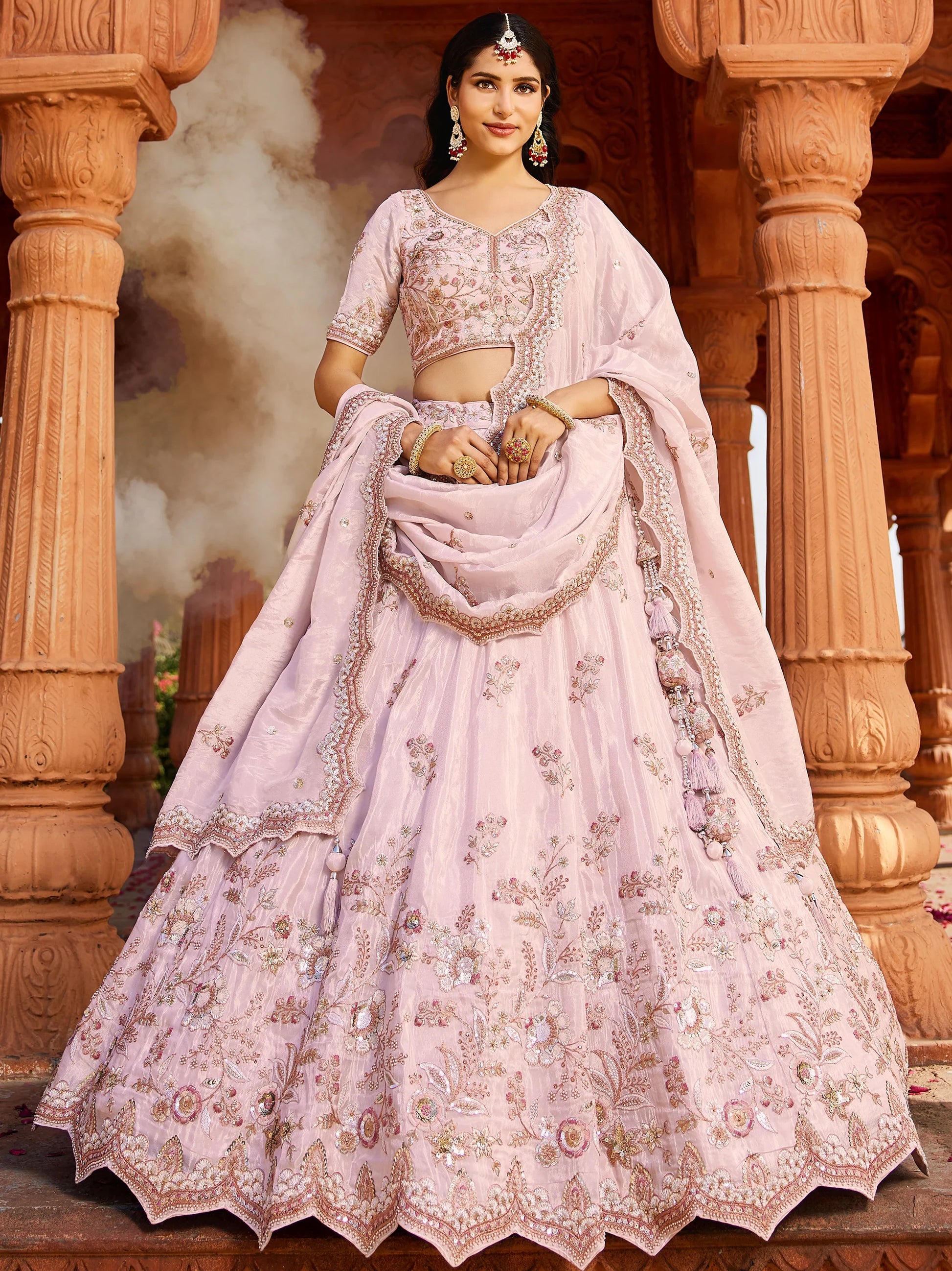 Astonishing Coral Pink Thread Embroidered Tissue Silk Engagement Wear Lehenga Choli - Zeel Clothing